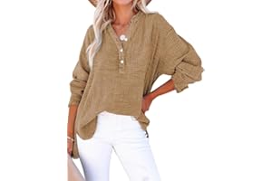 PADOLA Chemisiers et Blouses Femme Gaze de Coton Chemisier Femme Chic et élégant Chemise Henley Manches Roulées Décontracté Tunique Bouton Blouse Couleur Uni Tee Shirt été Haut Top