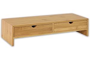 Osco Bamboo Monitor Stand Riser with 2 Drawers – Fully Assembled Sustainable MOSO Bamboo Desk Raiser for Computer or Laptop – Natural Wood Finish, 11×47×18 cm