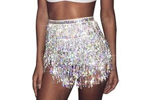 Ushiny Festival Outfit Sequin Tassel Skirt Costume Rave Mini Skirts Ballet Dance Fringe Hip Scarf Glitter Sequin Skirt for Women and Girls