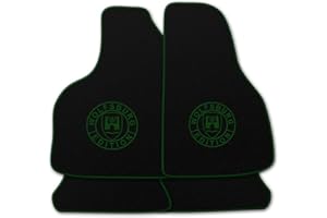 AUTOTEPPICH STYLERS WIR FERTIGEN IHRE FUßMATTEN AUTOTEPPICH-Stylers Velours Schwarze Fußmatten passend für VW Golf 2 mit Logo Wolfsburg Edition WOB und Rand in dunkelgrün