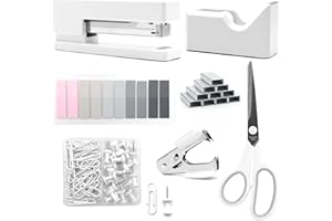 QPENGUINBABIES Forniture per ufficio bianche, accessori da scrivania bianchi, pinzatrice e dispenser a nastro set con pinza, dispenser a nastro, rimozione della pinza, pinze, forbici e schede per studenti