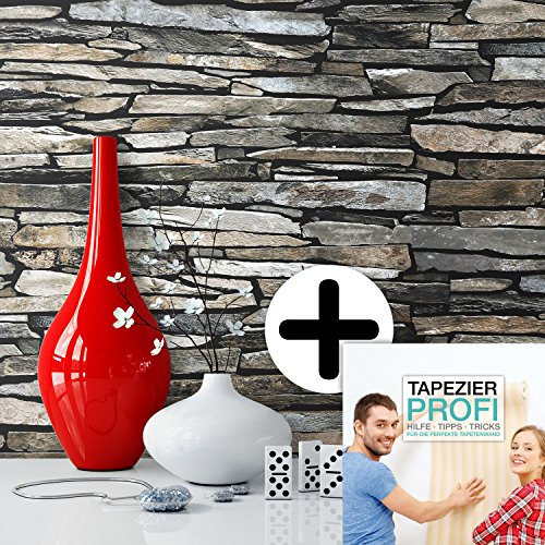 Steintapete Vliestapete Grau Edel , schöne edle Tapete im Steinmauer Design , moderne 3D Optik für Wohnzimmer, Schlafzimmer oder Küche inklusive Newroom Tapezier Ratgeber, mit Tipps für perfekteWände - 3