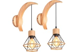 PETITES ECREVISSES Lampada da Parete Industriale Vintage Applique da Parete E27 in Corda di Canapa Lampada a Muro Regolabile Metallo e Legno 16CM per Camera da Letto Corridoio (Applique in legno - A-2 pezzi)