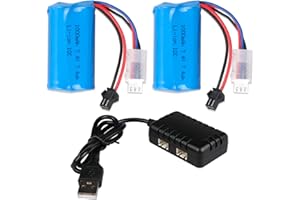 AOFONCHY 2 Piezas 7,4V 1000mAh Baterías Li-Ion con Conector SM-2P y Cargador USB para Coche RC WPL MN D90/91, 99/99s D12, Barco Teledirigido H101 y Lanzadores de Bolas de Gel Ansky