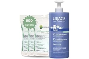 HEXACARE Pack Eau Nettoyante Bébé 1L et 600 coton 8x10cm - Visage Et Corps Dès La Naissance - Testé Sous Contrôle Pédiatrique
