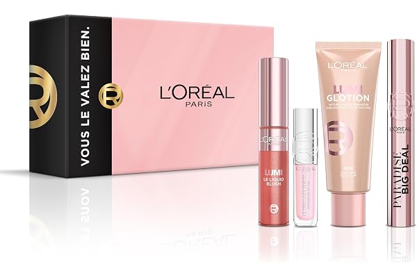 L'Oréal Paris - Coffret Maquillage Natural Glow - 4 produits - Mascara Big Deal, Enlumineur Lumi Glotion, Lumi Blush Liquide, Gloss Plump Ambition à l'Acide Hyaluronique