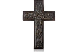 THE GREAT INDIAN BAZAAR Wooden Religious Catholic Crucifix Cross Wall Hanging 12 (L) x 8 (W) Inch French Plaque Floral Carvings Living Room Home Decor Accent Church Chapel Altar Wall Art Decor Display Antiqued Rustic Finish
