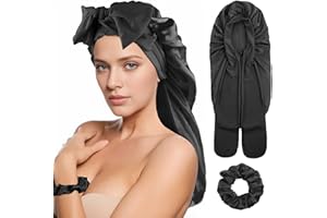 Abeillo Satin Bonnet for Women, Silk Sleep Bonnet with Tie Band and Scrunchies, for Long Curly Hair and Braids (Black)