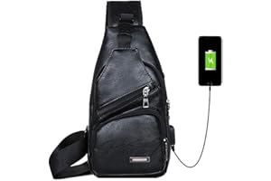 Vohoney Sac de Poitrine Homme Sacoche à Bandoulière Sacs a Dos Porté épaule Travers Sac Rétro en PU Cuir Étanche Bandoulière avec USB Ports, Homme Sac de Poitrine Noir, M