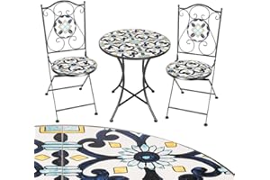 BAKAJI Set Tavolo 60 x 70 cm + 2 Sedie Pieghevoli con Decorazione Mosaico, Tavolino Resistente Salvaspazio per Arredo Esterno, Giardino, Terrazzo, Struttura in Metallo Colore Nero (Design 2)