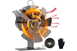 Jasfyee Ventola per Stufa a Legna, 8 Pale Alimentata Calore Ventola, Silenziosa Ventilatore Stufa per Stufe a Legna/Camino Ecologico a Risparmio di Carburante con Termometro e Guanti