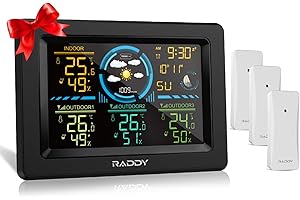 RADIODDITY Raddy WF-60C 12-IN-1 Stazione meteorologica per interni ed esterni, con 3 sensori remoti wireless, orologio dcf, display temperatura umidità, barometro, ampio display a per casa, ufficio