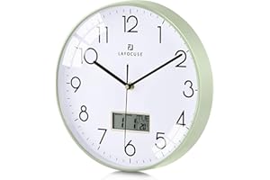 Lafocuse Cichy kuchenny zegar ścienny z datą i temperaturą dnia, zielone zegary ścienne do salonu nowoczesnej sypialni, wyświetlacz LCD kwarcowy cyfrowy zegar ścienny zasilany baterią do biura 30 cm