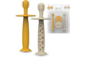 ‎MATCHSTICK MONKEY Matchstick Monkey Baby Trainingszahnbürste mit Sicherheitsstopp, 2er Set ab 3 Monaten, Silikon, BPA-frei, BioCote® antibakteriell, weiche Borsten, Zahnpflege Baby (Löwe & Giraffe)