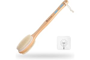 Hanstock Back Scrubber, 43cm Long Wooden Double-Sided Shower Body Brush with Soft Bristles For Sensitive Skin and Stiff Bristles for Exfoliating Skin