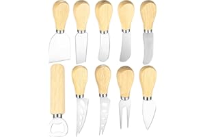 MCBLAST Set di Coltelli da Formaggio, 10 Pz Forchette e Coltelli da Formaggio in Acciaio Inossidabile con Manico in Legno, Spatola da Formaggio per Formaggi a Pasta Molle, Pasta Dura Burro, Regalo