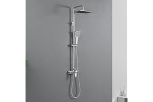 DERW Shower Mixer Set with 10" Square Rainfall Shower Head, Solid Brass Mixer Valve & Ceramic Cartridge, Shower Head with Adjustable Shower Holder, Anti-Leak Hose, Fit for UK Bathroom (Chrome)