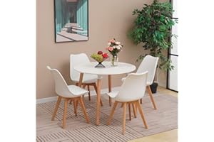 YULU Round Dining Table and Chairs Set 4, Small Kitchen Table Dining Chair with Cushions Modern PU Padded Seat Lounge and 90cm Table with Solid Wood Legs (White)
