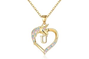 TINGN Unicornio Collar Regalos para Niñas, 14K Chapado en Oro Inicial Corazón Colgante CZ Unicornio Letra Cadena Oro para Niñas Cumpleaños Unicornios Regalos para Niñas Mujeres Joyería