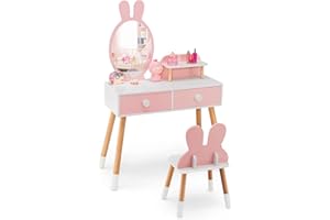 LIFEZEAL Tocador Infantil para niñas 3+, Juego de tocador con Taburete, Mesa de Maquillaje con Espejo en Forma de Conejo, Mesa Escritorio de Madera con 2 cajones y Estante（Rosa）