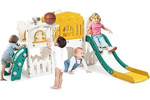Garvee Toboggan pour Enfant 8 en 1, Ensemble Toboggan avec Espace de Cache-Cache, Échelle d'escalade, Panier de Basket, Télescope et Tunnel de Jeu pour Enfants Aire de Jeux (Orange et Vert)