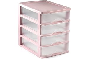 Acan Tradineur - Cajonera de sobremesa - Fabricado en España - 4 Cajones Transparentes - Torre de almacenaje, armario, baño, oficina - 35 x 27 x 35,5 cm - Color Rosa