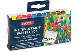 Derwent Inktense Palette #2, Set d 12 Tempere Solubili in Acqua, Adatte a Pittura e Bricolage su Carta e Tessuto, Include 1 Spugna, 1 Mini Waterbrush e 1 Tavolozza (2305789)