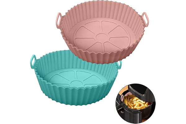 E-COSMOS Nonstick Round Silicone Air Fryer Liners - Reusable Baking Tray with Ear Handles, 8 Inch Multicolor, Perfect for Easy Cooking & Cleanup - Multicolor (8 inch, Pack of 2)