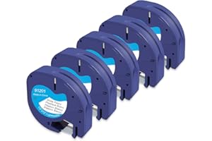 Molabel 91221 S0721660 91201, confezione da 5 rulli, nastro plastico Compatible with Letratag nero su bianco da 12 mm x 4 m, compatibile con stampanti di etichette LT-100H, LT110T, LT-100T.