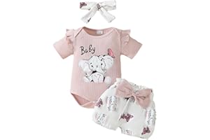 JiAmy Conjuntos de Verano para Recien Nacido 3 Piezas, Bebés Niña Monos Animal Impreso Manga Corta con Volantes Bordado Patrón Pantalones Cortos con Diadema 0-18 Meses