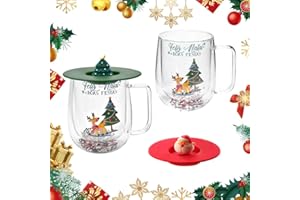 LANSKYLAN Set di 2 tazze natalizie in vetro a doppia parete, 250 ml, tazze di Natale con coperchio, regalo per donne