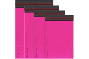 100 bolsas autoadhesivas de polietileno mixtas para correo, 4 tamaños, 25 de cada iSOUL pequeñas a grandes, paquete de correo, varios sobres para envío, paquete postal, color rosa intenso