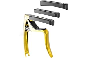 Linrax C3 Kapodaster, 4 in 1 Gitarre Capo mit Bridge Pin Puller, Gitarre Kapo für Akustikgitarre E-Gitarre Klassische Gitarre Bass Ukulele Banjo Mandoline, 3 Silikonköpfe, Gitarre Zubehör, Gold
