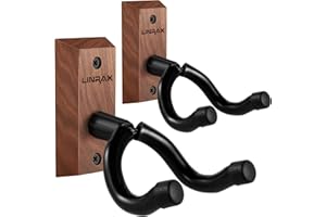 LINRAX Soporte de Pared para Guitarra, 2 Unidades, Gancho de Guitarra de Nogal Negro, Colgador Guitarra para Guitarra Acústica Guitarra Eléctrica Bajo Banjo Mandolina, Colgador de Pared para Guitarra
