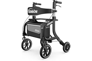 ZENBON Deambulatore per Anziani in Alluminio: Girello 4 Ruote con Seduta Rollator Leggero Pieghevole - Rollator Viaggio Regolabile in Altezza con Porta Bastone e Borsa della Spesa Rimovibile amovible (Nero)