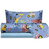 hermet Jolly Tractors Single Bed Sheet Set, 100% Cotton, Flat Sheet + Fitted Sheet + Pillowcase, Bedroom Print Sheet Set