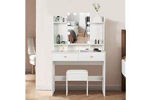 Saihemei 35.4''W White Dressing Table with Storage Shelves and Mirror, 2 Large Drawers and 3 Compartments Vanity Desk, Girls Vanity with 3 Lighting Modes and Stool for Bedroom
