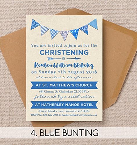 10 Personalised Rustic Blue Bunting Christening / Baptism Invitations with Envelopes