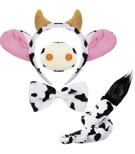 XEPST Set Costume Da Mucca Per Bambini E Adulti – Fascia Con Orecchie E Campanella, Coda Con Clip, Calzini Al Ginocchio A Righe