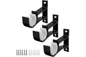 GUDUI Set of 3 Curtain Pole Brackets, Heavy Duty Curtain Pole Holder Rail Brackets 25-28mm Curtain Rod Bracket, Black