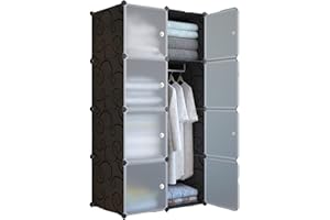 XOKOTAKI Armadio Componibile, Scaffalatura Modulare, Armadio Componibile Porta Abiti per Casa, Scaffale Portaoggetti per Cameretta, 8 Moduli, 1 Barra, 140x70 cm, Colore Nero