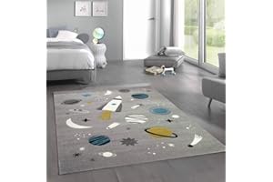 ‎CARPETIA CARPETIA Teppich Kinderzimmer Weltraum Rakete Planeten grau blau Größe 120x170 cm