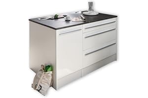 ‎STELLA TRADING JAZZ Moderne Kücheninsel mit Arbeitsplatte freistehend in Weiß Hochglanz, Steingrau - Geräumiger Küchenschrank - 145 x 90 x 90 cm (B/H/T)