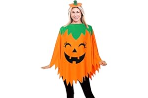 23GUANYI Deguisement Halloween Femme, Deguisement Citrouille Femme, Deguisement Citrouille Fille, Festival Funny Party Fancy Dress Pumpkin Orange Poncho Outfit with Pumpkins Hat for Adults