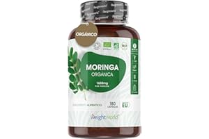 WEIGHTWORLD Moringa Oleifera Orgánica Pura Alta Dosis de 1650mg, 180 Cápsulas Veganas - Superalimento Fuente Natural de Vitaminas, Minerales, Antioxidantes y Proteínas Veganas Para 2 Meses De Suministro