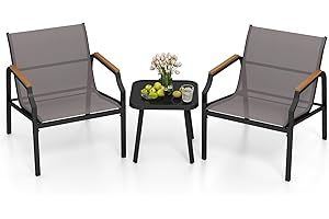 GOPLUS Salon de Jardin Exterieur 2 Personnes, Table Basse en Verre Trempé avec Chaises en Tissu,3 Pcs Salon de Bistro Extérieur Moderne pour Balcon, Jardin, Bord de Piscine