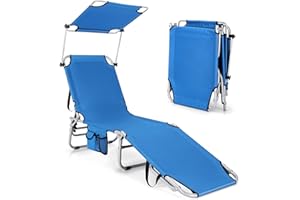 COSTWAY Tumbona Plegable con Parasol, 5 Posiciones de Respaldo Ajustables, Tumbonas Jardin Exterior con Bolsillo de Almacenamiento Lateral, Tumbona Reclinable Piscina, Playa, Patio, 150kg (Azul)