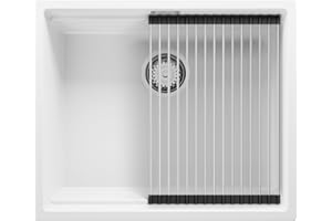 PRIMAGRAN Fregadero bajo Encimera Blanco 56x47cm, Cocina 1 Seno + Sifón + Enrollable Escurridor, Granito al mueble 60cm - Prague S215