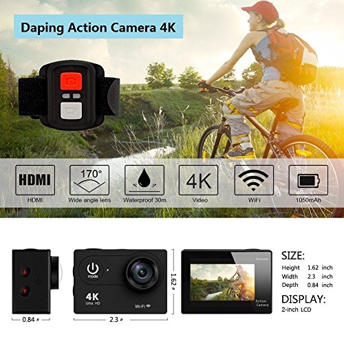 Daping,Videocámara,Cámara de acción,4k CamaraDeportiva,impermeable 1080p HD, 12MP, WIFI, Sumergible hasta 30m , 2*1050 mAh Baterías, Incluye múltiples accesorios