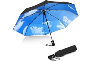JIGUOOR Compact Travel Umbrella Windproof Strong UV Protection Umbrella for Women, Automatic Folding Umbrella with Ergonomic Handle, w/Polyester Coating - Sky